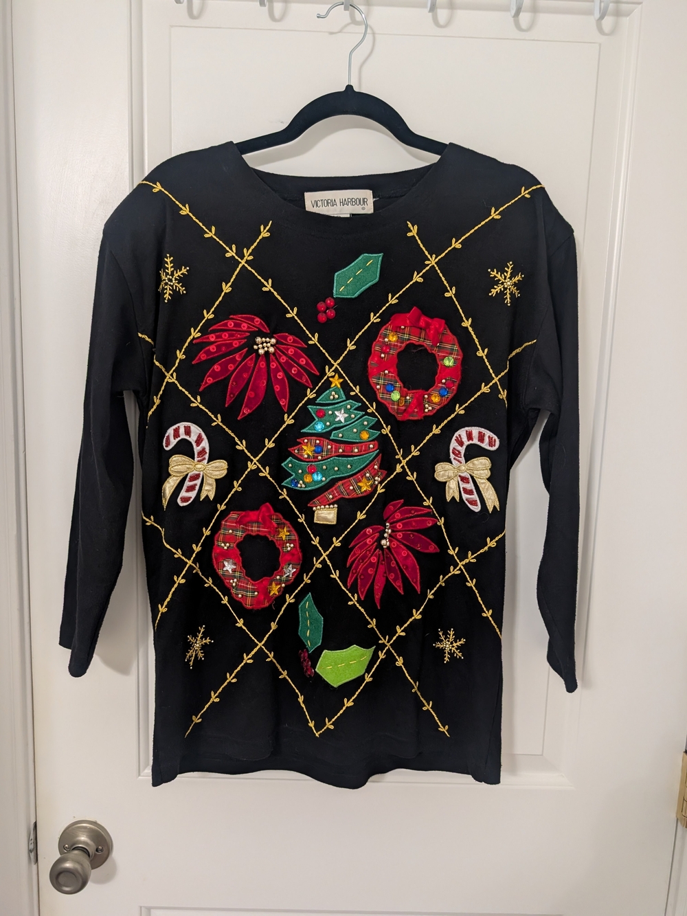 Vintage Victoria Harbour Christmas Sweater L Applique Beaded Tacky Holiday